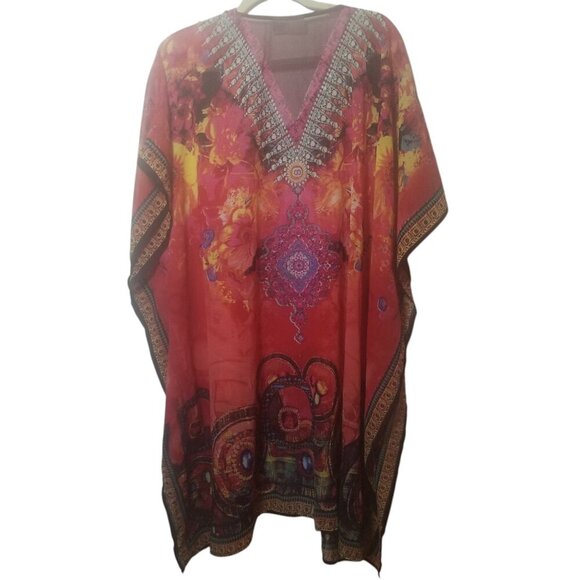 Tropical Print Women's Kaftan/ Sequin Accent Beach Cover-up One Szie - Picture 2 of 5